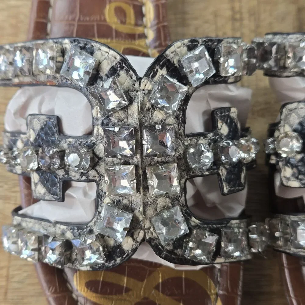 Sam Edelman Womens 8 Rhinestone Jeweled Snakeskin Slide Sandals Brown Silver